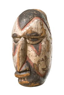 Yam mask - Papua New Guinea, Abelam, Maprik area: balsa wood, lime, red ochre, black pigment, collection no "71.1.126", slightly dam., insect caused damage, repainted at the right temple, base;Certain groups in New Guinea notably the Abelam, Massim