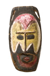 Yam mask - Papua New Guinea, Abelam: balsa wood, lime, black, yellow and red pigment, drilled holes for attachment, slightly dam., abrasion of paint, baseH: 21 cm, H: 8,3 inchContinent: Oceania