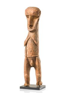 Male ancestral spirit figure, early 20th century -: heavy garamut wood, greyish brown partly encrusted patina, ornamental painting in red, black and white in parts recognizable underneath, slightly dam., missing parts (both forearms with hands, foot