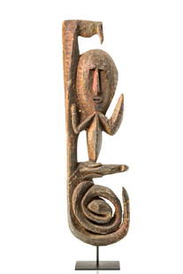 Architectural fragment - Papua New Guinea, East Sepik -: wood, encrusted greyish brown patina, remains of colour pigments, nails, bottom up carved with snake, animal head and human torso, dam., missing parts, rep. (breakage: projection on top), cracks,