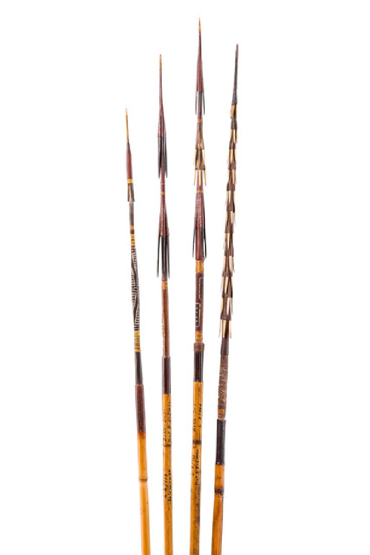 One bow and five arrows - Solomon Islands - Buka Island: palmwood, bamboo, bone (flying fox), plant fibre, resin, pigment, intact bow string, two of the arrows inscribed: "L.2/111- Prof. A. Krämer-Buka-Ins" und "L.2/113 -Salomonen-Buka-Ins.- Prof. A. Kräm