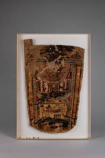 Painted mummy cartonnage panel, Late Period, c. 700 - 30 BC - Africa-Antiques, Egypt: linen (in several layers) on wooden core, gesso and pigments, dam., in plastic case (m: 50,5 cm x 35,5 cm) Above is a winged scarab, and below is a kneeling Isis wearing a sun disk extending her prote