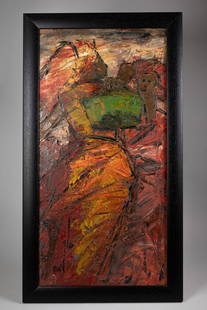 Show off I, 1986 - Ghana, Accra, Ablade Glover (*1934): oil on canvas, No 9, sign., m: 89 cm x 44,5 cm, in black wooden frame (m: 100 cm x 55 cm) The figure of a striding woman in rear view, carrying a basket over her right shoulder. Glover has found a sty