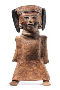 Standing figure, ca. 600 - 800 AD - Mexico, Gulf Coast, Veracruz: ceramic, with traces of dark red and black pigment., serving as a figural pipe and rattle, rest. H: 27 cm, H: 10,6 inch Provenance: Josep Lluis Sert, Boston, USA Sotheby's New York, 17 May 1988, Lot 3