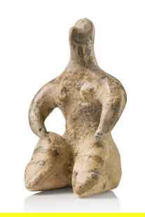 Old Syrian Idol, ca. 5th millennium BC - North Mesopotamia – Northeastern Syria, Tell Halaf: fired reddish-brown clay, traces of paint, mineral encrustations, label "3766" Tell Halaf is a settlement mound in northeastern Syria. In prehistoric times, this site was home to a settlement of the "