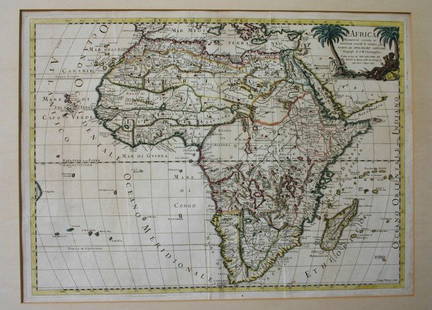 Map L'AFRICA - Maps, Maps: Guglielmo Sansone (1634-1703), copper engraving, handcoloured, illustration of the African continent, Paris, 1677, engraved by G. de Rossi, Rome, passepartout, glazed and framed, very good