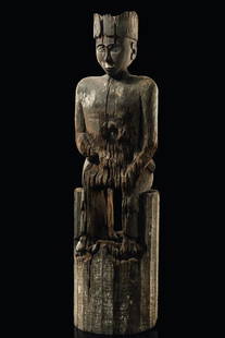 Seated figure "hampatong" - Indonesia - Borneo, Dayak: wood (presumably iron wood), stained greyish brown patina, stocky broad body, the flat backside remained crude, missing parts through insect caused damage (headdress, belly, forearms, legs, the post