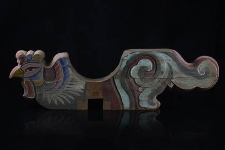 Architectural support - Thailand: wood, polychrome painted, depiction of a "mixed creature": rooster and dragon, slightly dam.M: 81 cm x 7 cm x 23,5 cmContinent: Asia