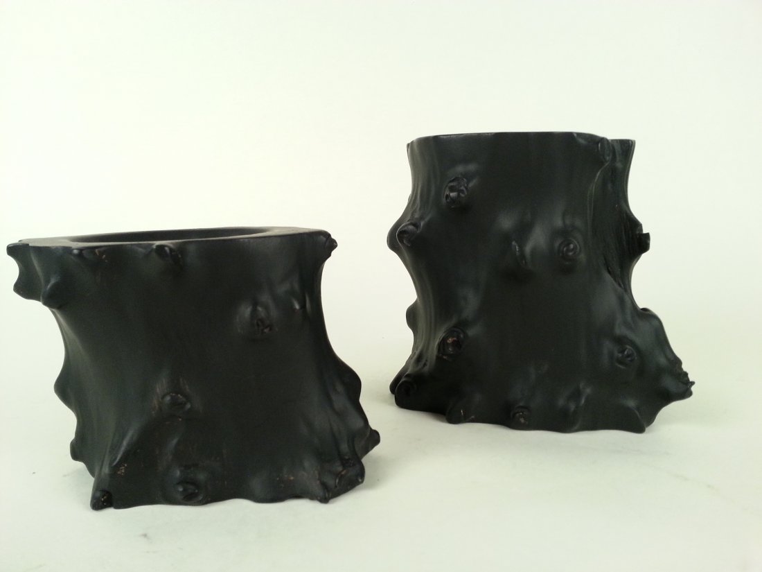 Pair Of Vintage Black Wooden Chinese Pen Holders: H W