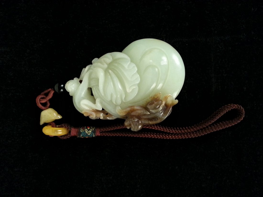 Hetian Jade Monkey & Bag " Dai Dai Feng Hou': 9Cm X 6Cm