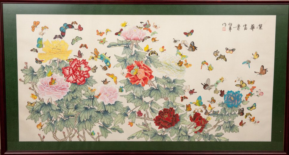 Chinese Ink And Watercolor painting Butterflies: Chinese ink and watercolor painting, butterflies, signed and sealed Ren Bo Nian. --- 56 x 112cm