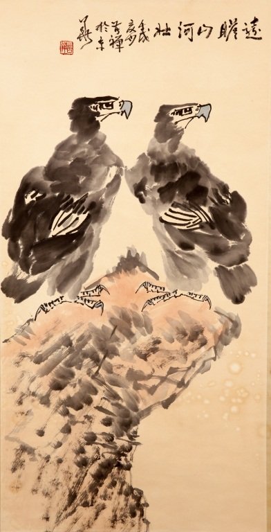 Chinese Ink And Watercolor Painting Eagles: Chinese ink and watercolor painting, eagles, hanging on scroll, signed and sealed Ku Chan--- 97 x 49cm