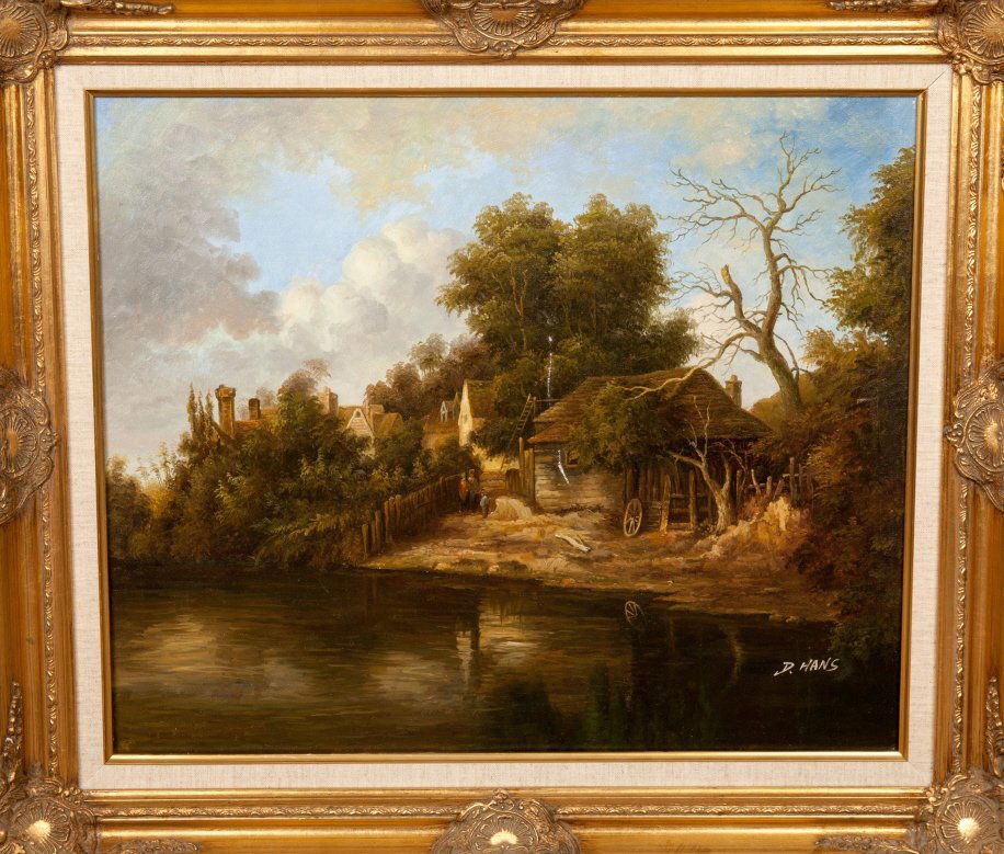 German Oil Painting Village: Oil painting on canvas, signed D. Hans, famous Bararian landscape painter--- 50 x 60cm