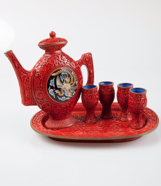 6 Pcs Chinese MinGuo Cinnabar Tea Set: 6 Pcs Chinese Cinnabar Tea Set; MinGuo period ; Cup: 10 x 4cm ; Tea Pot: 24 x 21 x 4cm ; Plate: 33 x 23 x 3.5cm