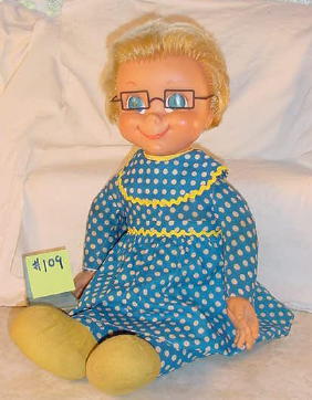 21" Character Doll Mrs Beasley: 21" vinyl head character doll Mrs. Beasley, vinyl hands and cloth body, black glasses. No marks. Very good condition, hair mussed, body needs light cleaning.