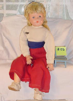19" Effanbee 1940s Doll with Painted Eye, Original: 19" composition head vintage 1940s Effanbee doll, original outfit including leather tie shoes, very nice yarn or string hair in mostly original set, painted blue eyes, cloth body with composition hand