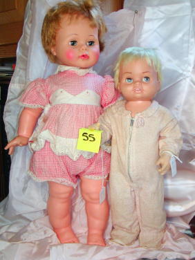 Two Vintage Dolls, Ideal Kissy, Mattel Chatty Baby: Lot of two vintage 1960s dolls including 22" Ideal Kissy in original dress with "Ideal Kissy" dress ribbon in place, and 18" Mattel Chatty Baby in flannel footed pj's. Both dolls lightly played with c