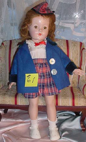 21" Effanbee Anne Shirley, Original Dress, Gold Hea: 21" vintage 1940's Effanbee jointed composition Anne Shirley doll, clear brown sleep eyes with lashes, human hair wig, original red plaid school dress with matching hat, blue felt coat, replaced shoes