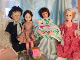 4 Dolls, 3 F&B Dolls, Faith Wick, tagged MA Scarl: Lot of four dolls including 1979 Effanbee 15" Faith Wick, two miscellaneous F&B redressed dolls, and unmarked 14" 1950s jointed hard plastic doll dressed in later tagged Madame Alexander "Scarlett" dr