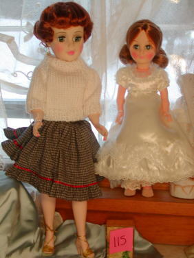 21" Madame Alex Portrait, Effanbee in tagged MA Dr: Lot of 2 dolls, including 21" Madame Alexander portrait (redressed) and 14" Effanbee doll wearing tagged MA First Ladies "Louisa Adams" dress. Both have shoes, as found condition. No boxes.
