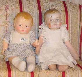 11" Effanbee Grumpy and 11" Character Baby: Two vintage 11" composition head character babies, including molded hair Effanbee Grumpy with composition shoulderhead with jointed neck, compo arms and cloth straw stuffed body, painted eyes - marked