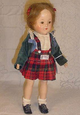 15" Effanbee Anne Shirley: 15" Effanbee Anne Shirley - jointed composition body, clear brown sleep eyes, human hair wig, original clothing including white socks & blue leather tie shoes. Some eyelashes missing on right eye, min