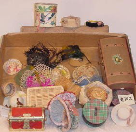 Doll hats, trunks, baskets, hatboxes: Assorted vintage and newer doll hats, trunks, baskets, hatboxes, etc.