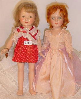 14" Effanbee Anne Shirley, Plus Compo: Lot of two vintage 14" composition dolls: Effanbee Anne Shirley and unmarked similar doll. Effanbee doll shows some crazing/cracking, eyes have crystallized, wig is thin, no underwear or shoes on eith