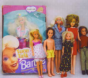 63_Lot of Barbies, Sunshine Family: Lot of 7 dolls by Mattel including 1991 Teen Talk Barbie in original box (box worn with ends missing), loose dolls including 1984 Skipper (some hair missing); 1979 Barbie's cousin Gazzie; Grow hair Tr