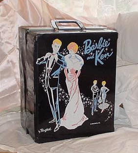 146_Mattel Barbie & Ken Case, Ken Doll,Clothing: Vintage Barbie and Ken case marked 1963 Mattel, sold with Ken doll, assorted clothing, and 1962 Barbie and Ken fashion booklet. Played with.
