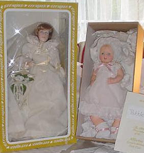 189_Diana, Princess of Wales in Wedding Gown Doll: 18" vinyl portrait doll of Diana in her wedding gown, complete with pearl tiara attached to veil, satin train, and cascade of flowers. A 1982 presentation of the Effanbee Limited Edition Doll Club–