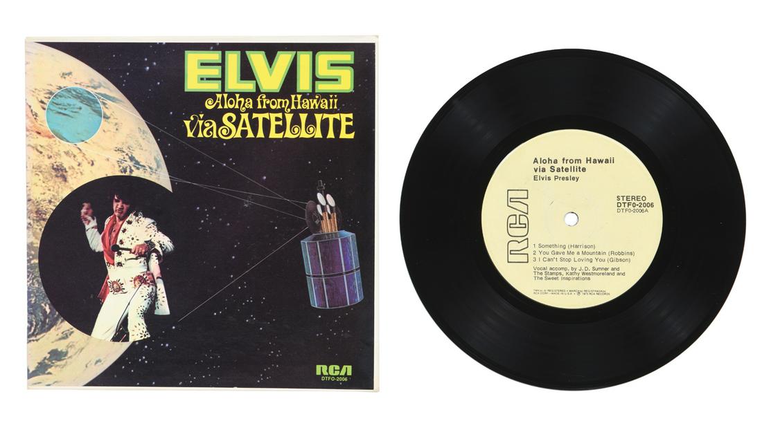 Jukebox Machine Copy of 45 RPM EP of Elvis Presley’s: Jukebox Machine Copy of 45 RPM EP of Elvis Presley’s Aloha from Hawaii with Original Jukebox Song Title Strip Inserts The acetate and jukebox song title strip are both in excellent condition overall