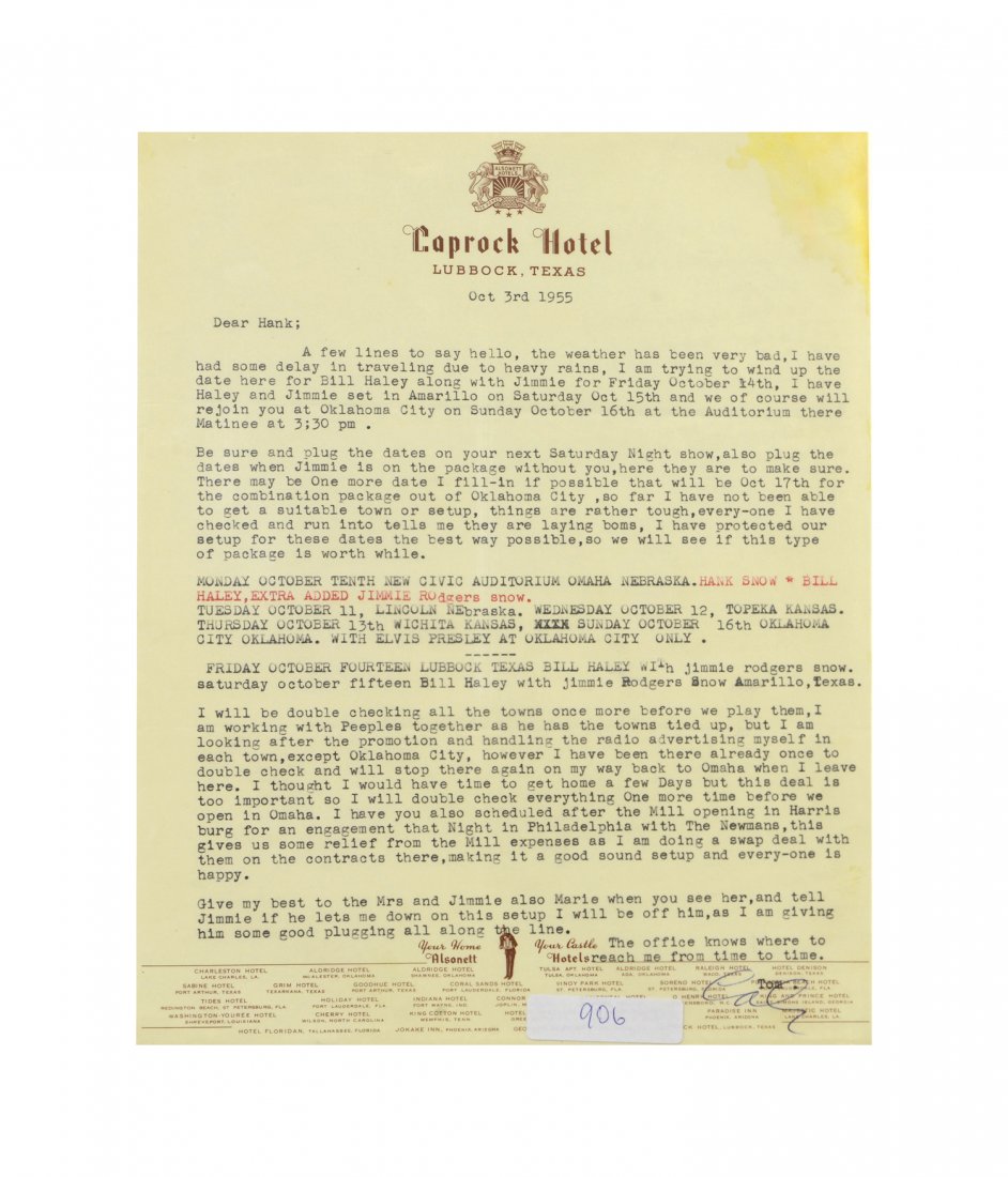 Bill Haley Tour Letter and Schedule, 1955: From the Collection of Greg Page. This letter, on combined Colonel Tom Parker and Hank Snow letterhead and signed by secretary Georgene Keeney, discussed the Bill Haley Tour. The letter, dated Sept. 2
