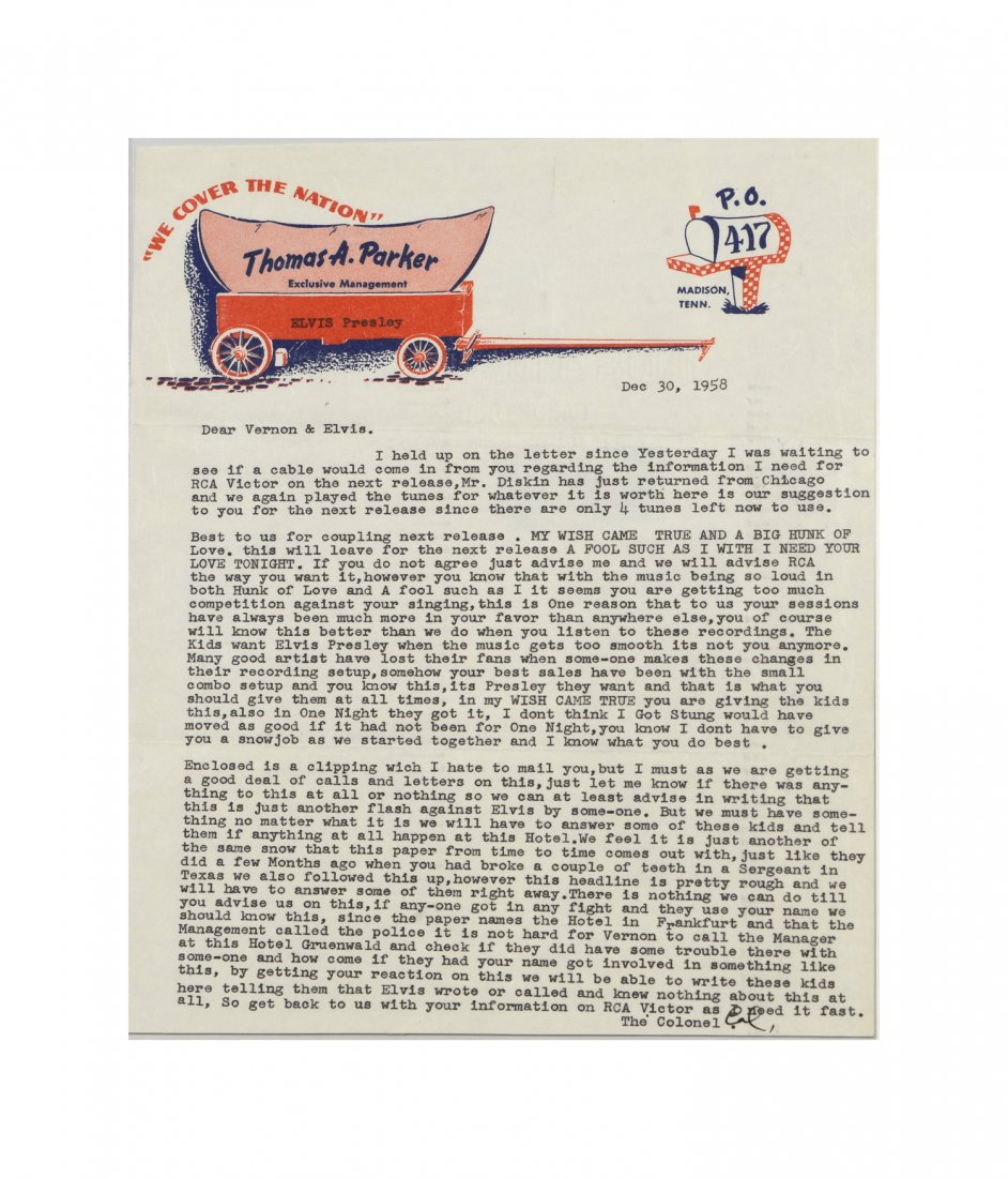 Letter from Col. Tom Parker to Elvis & Vernon Presley: From the Collection of Greg Page. This one-page letter from Colonel Tom Parker, dated December 30, 1958, discusses a “pretty rough” headline that appeared in a newspaper which the Colonel feels he