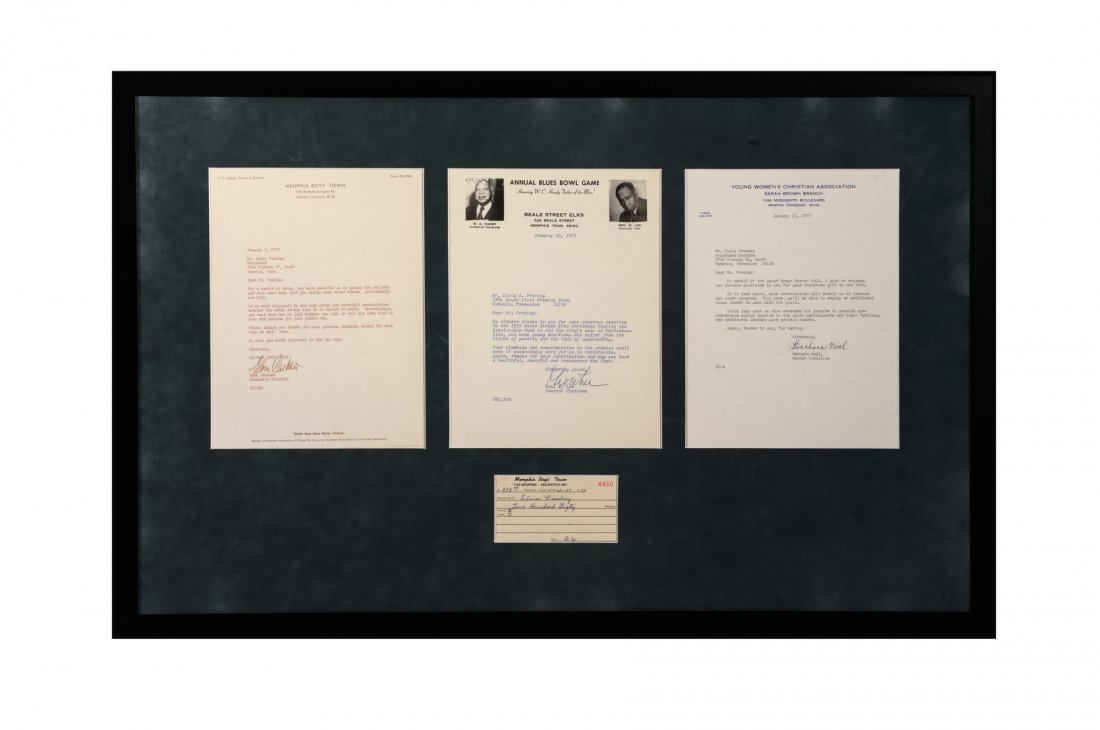 Three Letters of Thanks from Memphis Charities, 1973: From the Collection of Greg Page. It is not widely known that every year Elvis would donate money to 50 Memphis charities. Elvis’ generosity often went unheralded, however, offered are a collection 