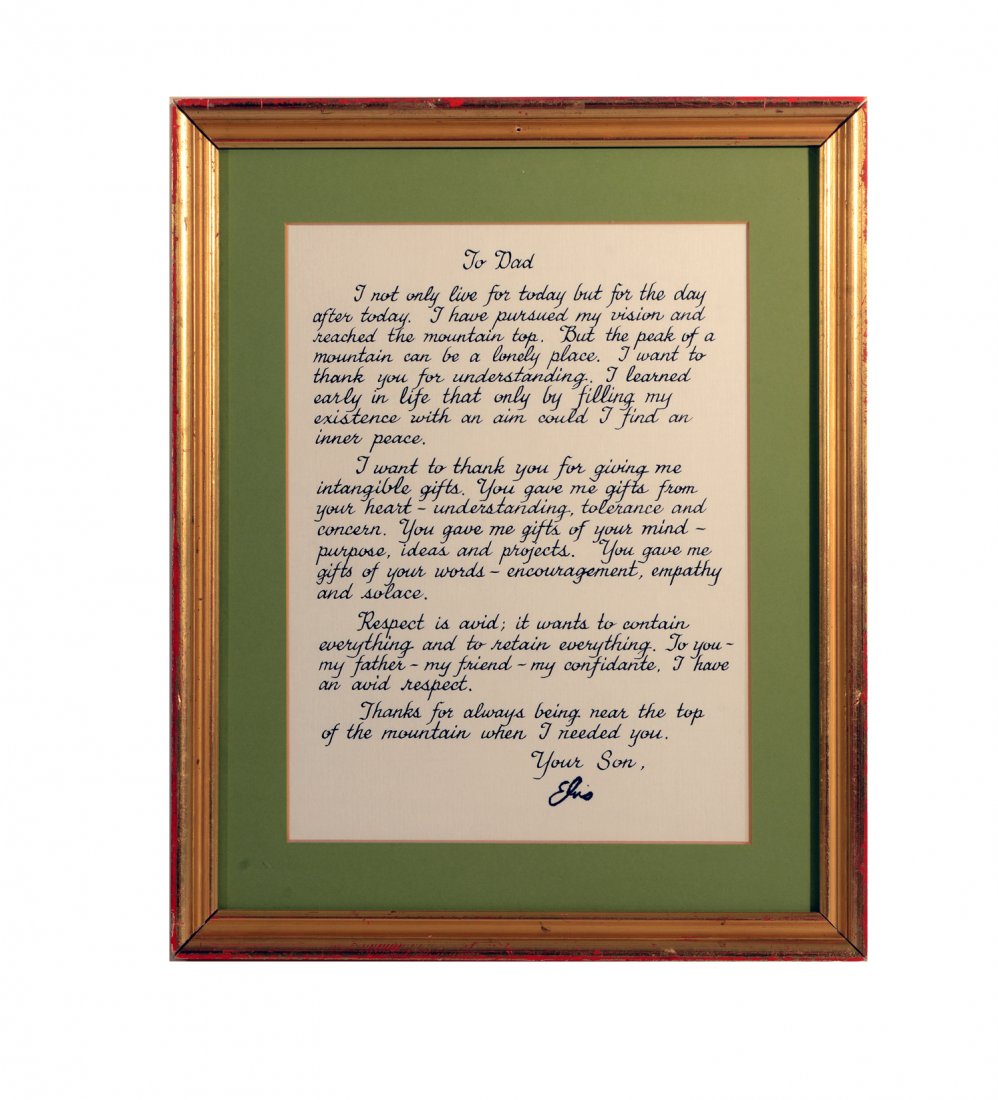 Elvis' Personal Message Christmas Gift to His Father: From the Collection of Greg Page. In 1976, Elvis asked Janelle McComb of Tupelo, Mississippi, to calligraph a personal message to Vernon from Elvis so that Elvis could present it as a Christmas gift t