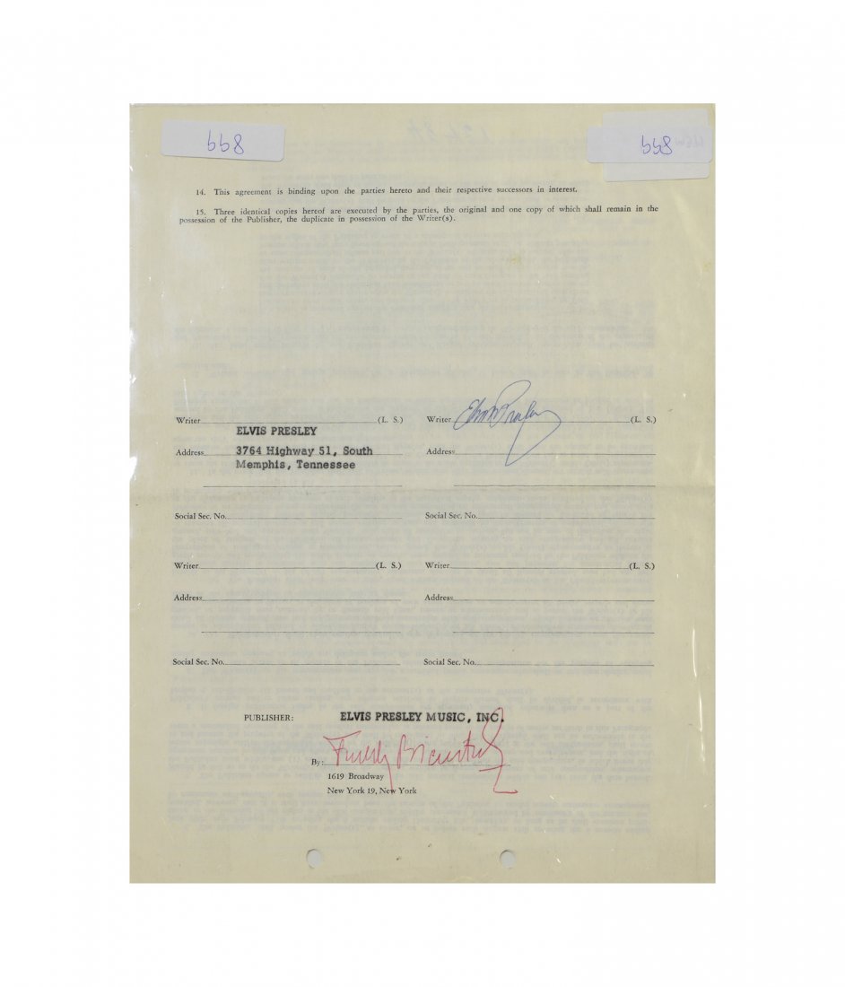 “Run On For a Long Time” Song Contract: From the Collection of Greg Page. This "Run On For a Long Time" contract is signed by Elvis on the last page and dated 6 September 1966. Accompanied by a letter of authenticity from Graceland Authenti