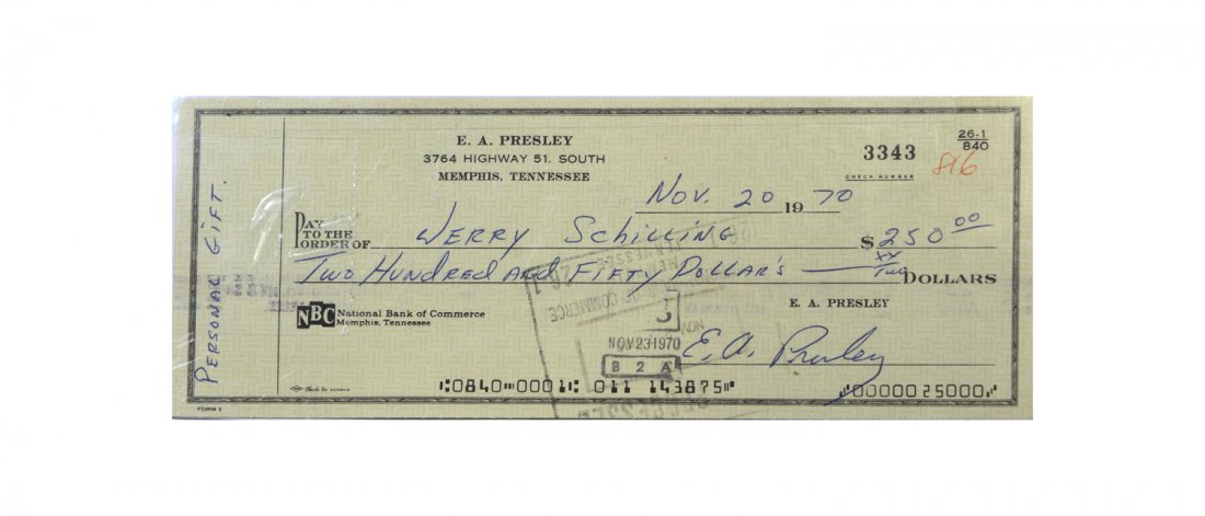 E.A. Presley Signed Check Written to Jerry Schilling: From the Collection of Greg Page. This check, dated “Nov. 20 1970” and signed “E.A. Presley” is written to Jerry Schilling with the notation “Personal Gift.” An example of Elvis' generosit