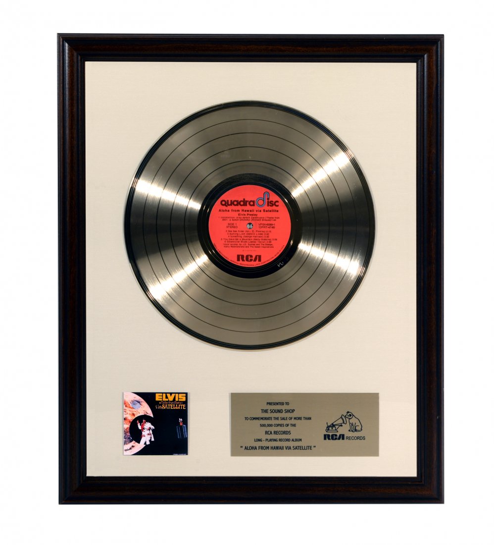 Elvis Presley Gold Record Award: From the Collection of Greg Page. This gold record award recognizes Elvis for his “Aloha from Hawaii Via Satellite” RCA Victor record and was presented to "The Sound Shop" in Nashville to commemor