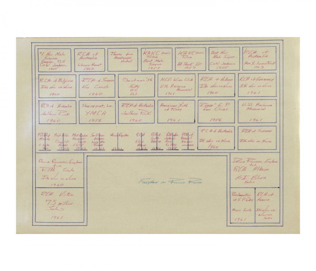 Diagram of Elvis’ Gold Record Display at Graceland: From the Collection of Greg Page. This 10-page, hand-drawn, ink diagram drawn by Marty Lacker depicts the gold records on display in Elvis’ basement television and billiard rooms at Graceland before
