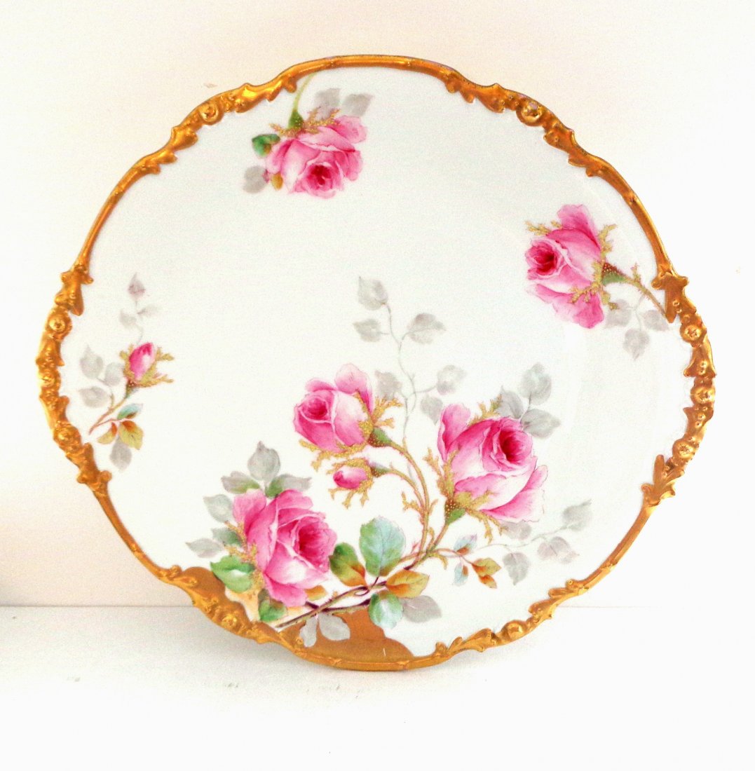Gorgeous Hand Painted Limoges Charger Plate Pink Roses: 13". Antique. ca. 1890. Exquisitely rendered pink roses and buds on a bright white ground. Raised gold decoration as well as beautiful burnished gold rims. Hallmarked on reverse. Shipping within Conti