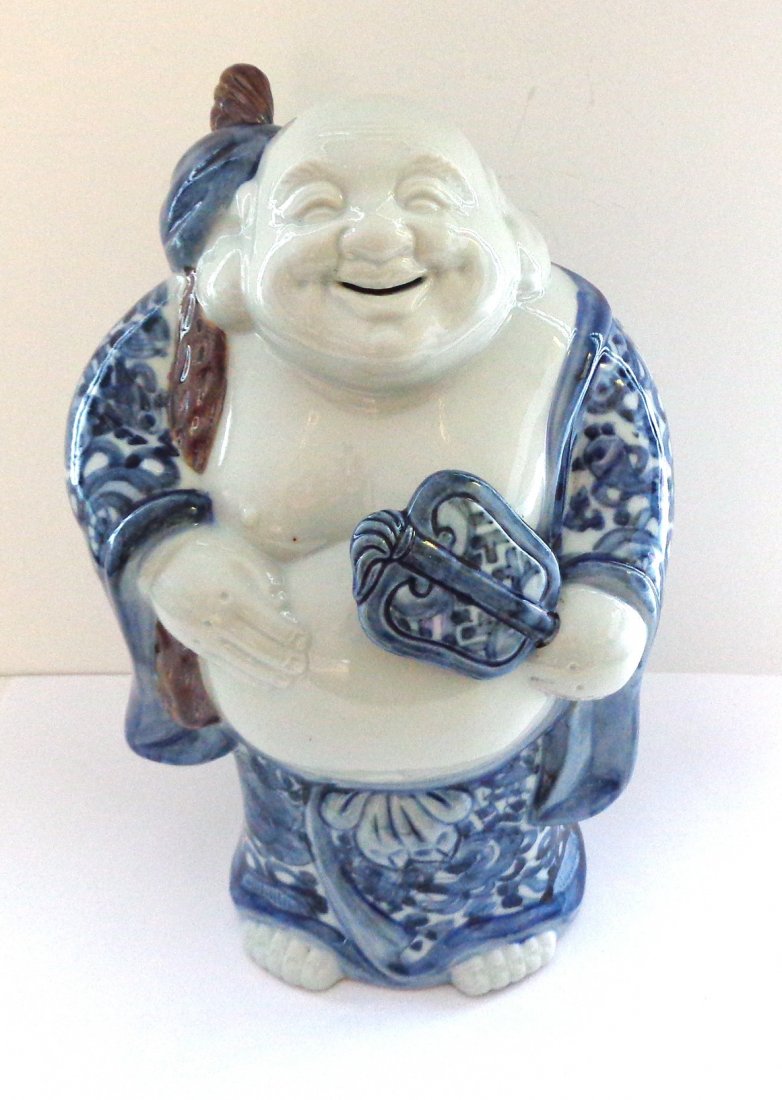 Charming Antique Kutani Blue and White Happy Buddha: 9" x 5". Japanese character signature on textured base. Happy Good Luck Buddha or Hotei. Shipping within the Continental USA $20.00.