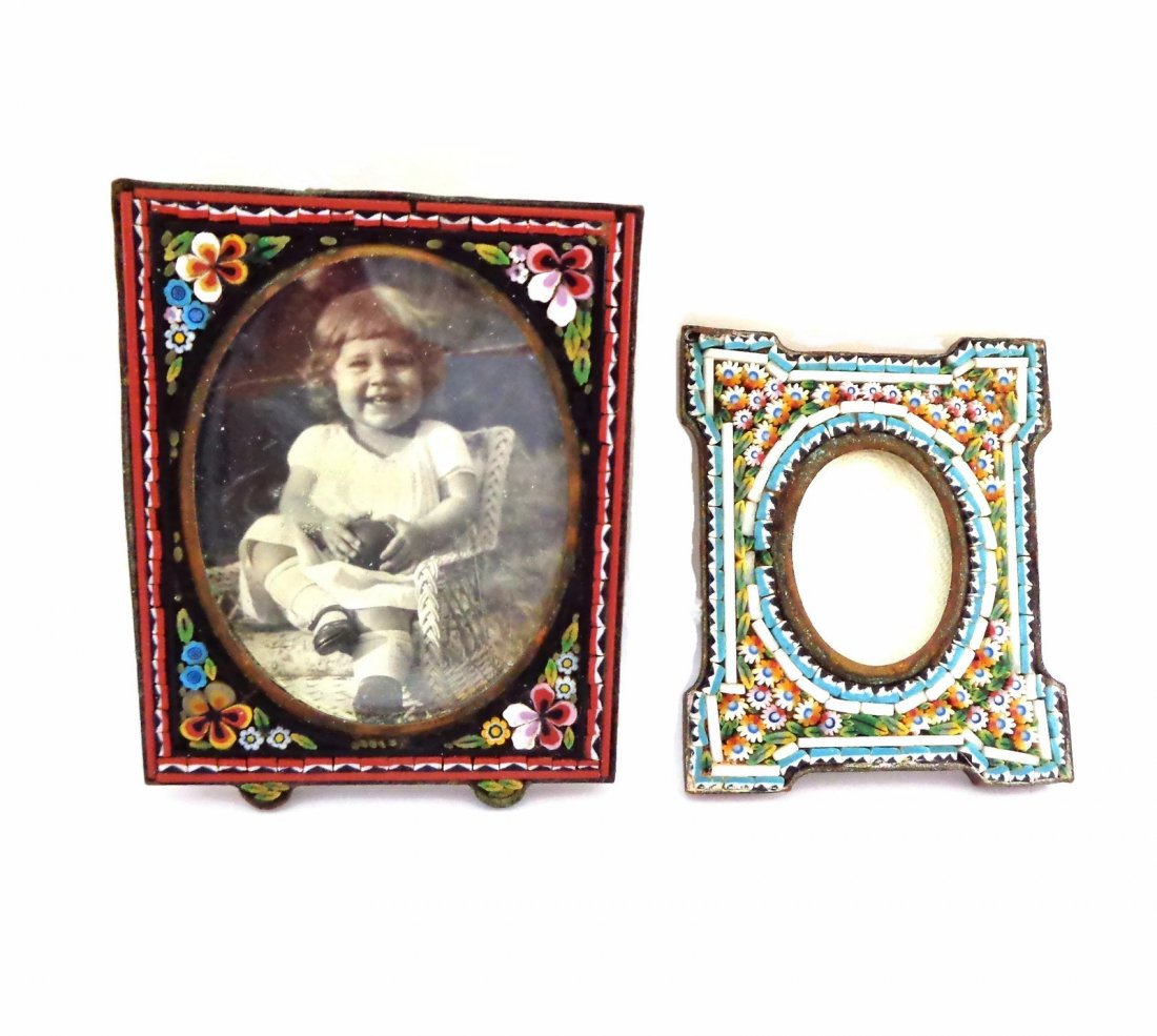 2 Antique Micromosaic Picture Frames: The one on the right is 2" x 1 3/4" and the other a bit larger. Lots of forget-me-knots. Shipping within the Continental USA $10.00 plus insurance. Remember...this is a NO reserve auction. The first b