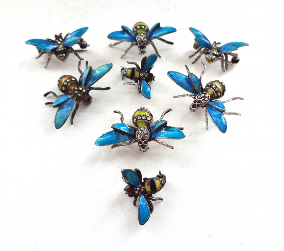 Collection or Swarm of 8 Enamel on Silver Bee Pins (1 of 7)