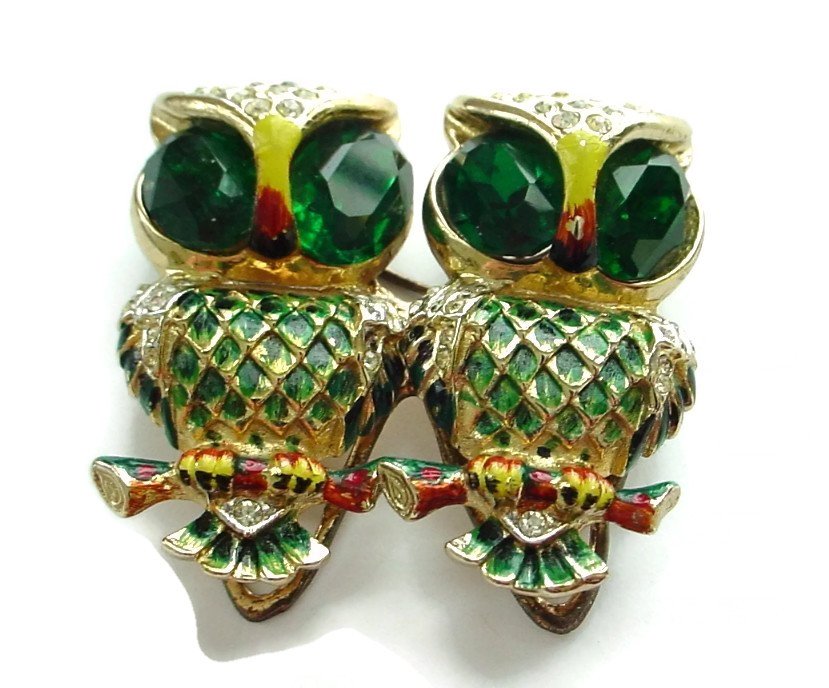 Coro Enamel on Sterling Silver Owl Duette Pin (1 of 8)