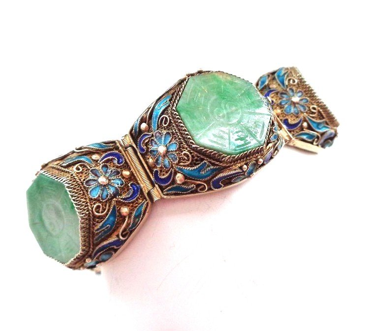 Chinese Enamel Silver and Jade Bracelet (1 of 7)