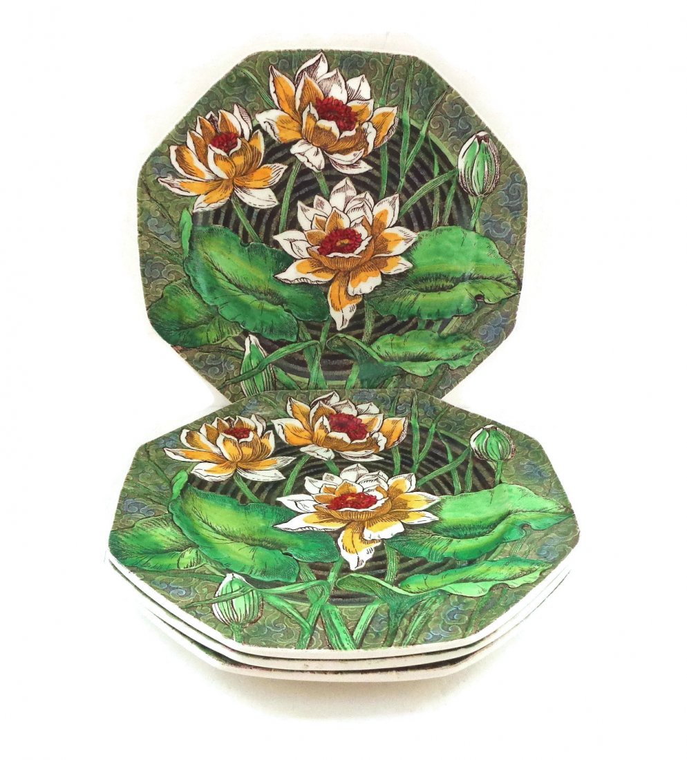 4 Antique Wedgwood Octagonal Water Lilly Plates: There are 4 plates in this lot. Each measures 8" in diameter and each is 8 sided. Combination of hand painted enamel over transfer. Price is for all 4 plates. Shipping within Continental USA $20.00.