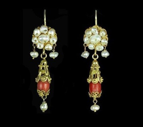 Large Gold, Pearl and Coral Dangly Earrings (1 of 3)