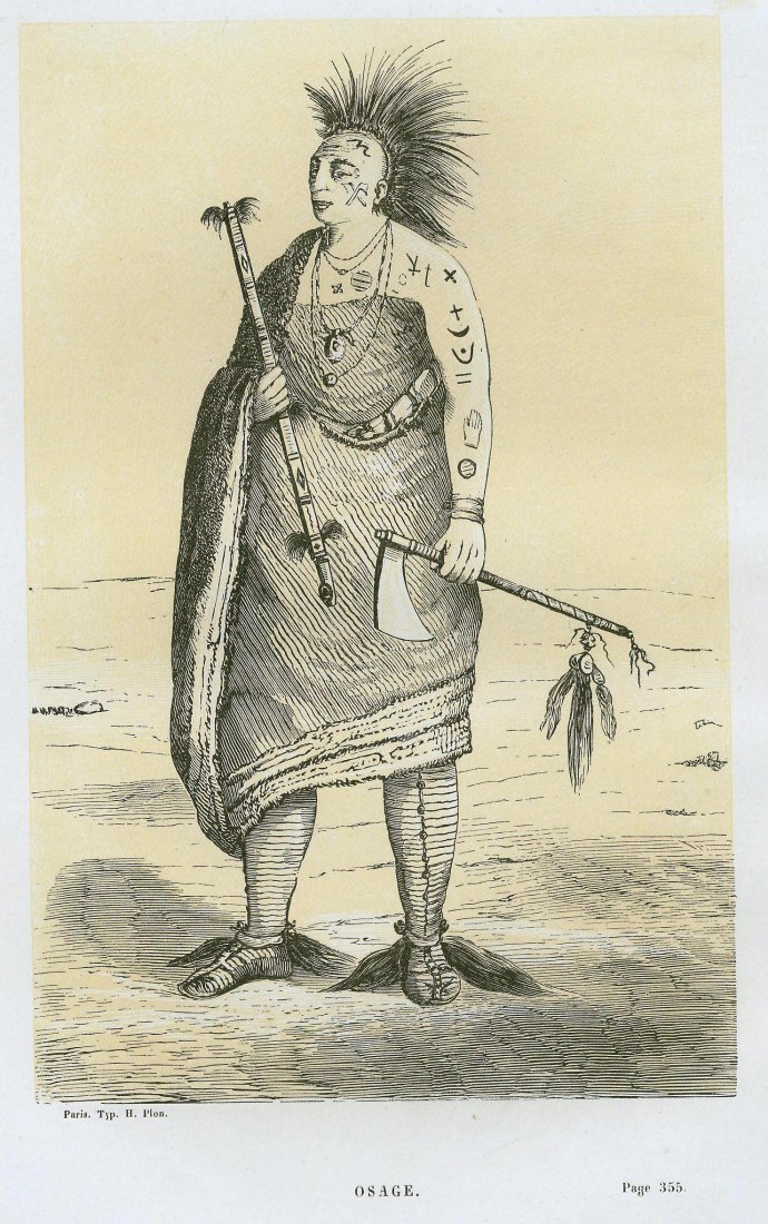 ~ 1904, „OSAGE“. Native Americans. USA.: Lithography titled, „OSAGE“.Paris. Typ. H. Plon.Approx. image size 17, 1 x 11, 4/25, 8 x 16, 3 cm.The Osage Nation is a Native American Siouan-speaking people in the United States that originated 