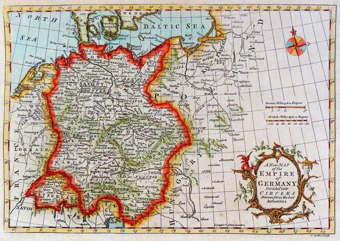1773, “Germany”, Europa.: A New MAP of the Empire of Germany. Didided into Circles Drawn from the best Authorities. [G. Rollos]Copper engraving, hand colored in outline and wash. Engraved (by the King's Authority) for the Geog